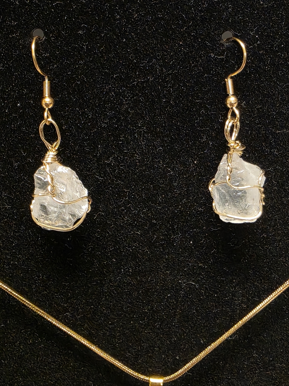 Gold Tone Wire-Wrapped Clear Quartz Necklace & Earrings Set - Picture 6 of 8